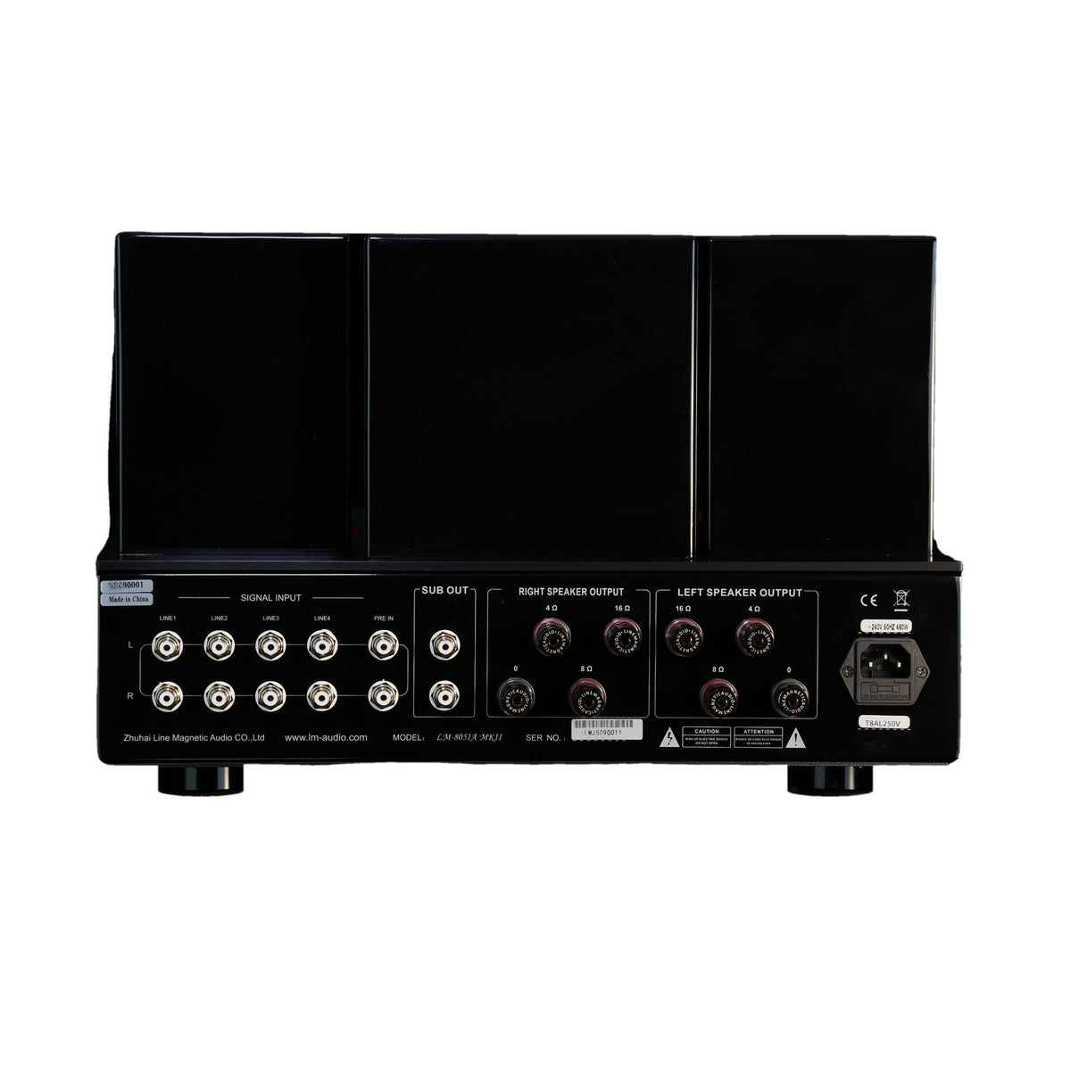 Line Magnetic LM-805IA MKII Vollverstärker, Rückansicht mit Lautsprecherausgängen auf weissem Hintergrund