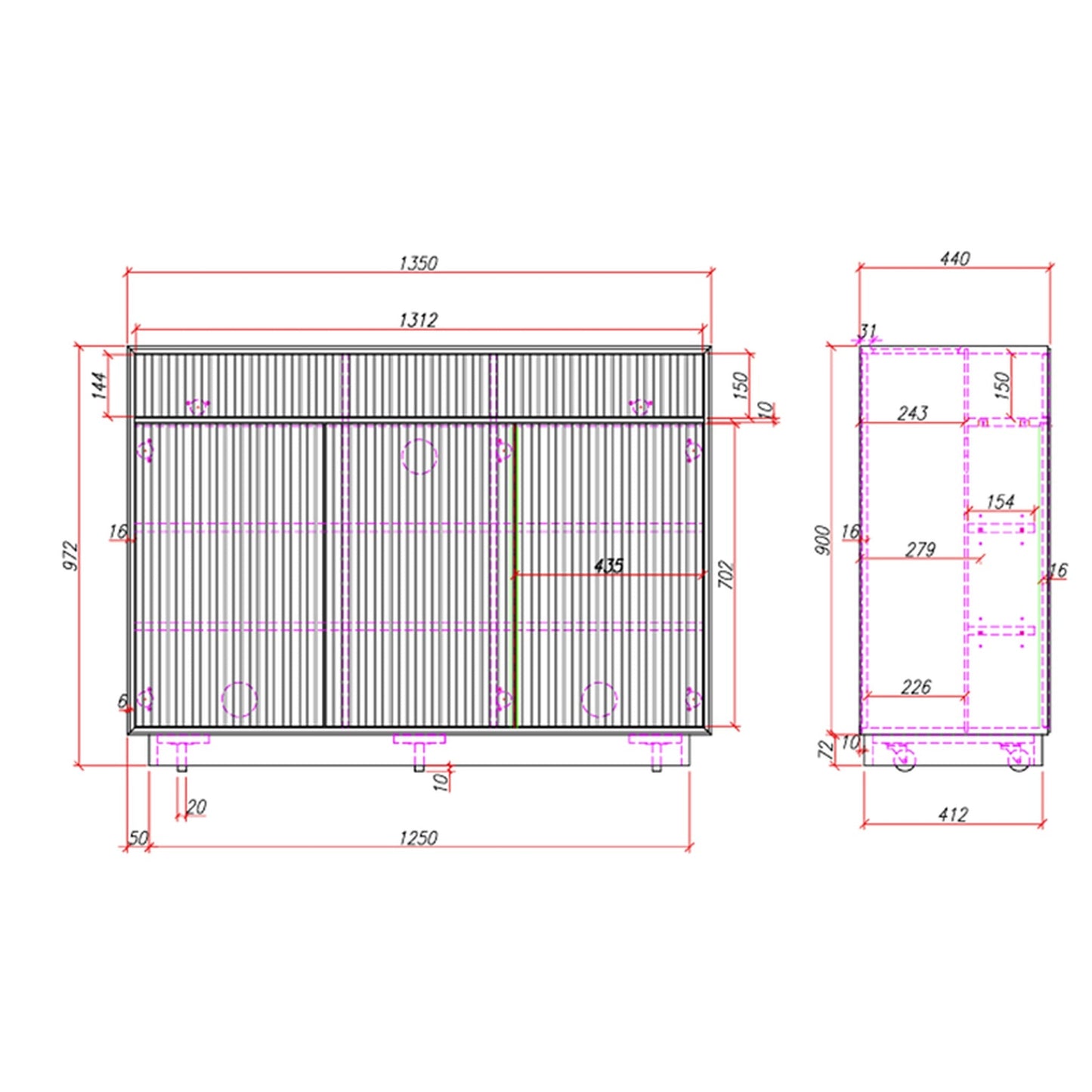Multibrackets AV-Cabinet TV-Lift 55 Zoll Walnuss, Masszeichnung mit Abmessungen