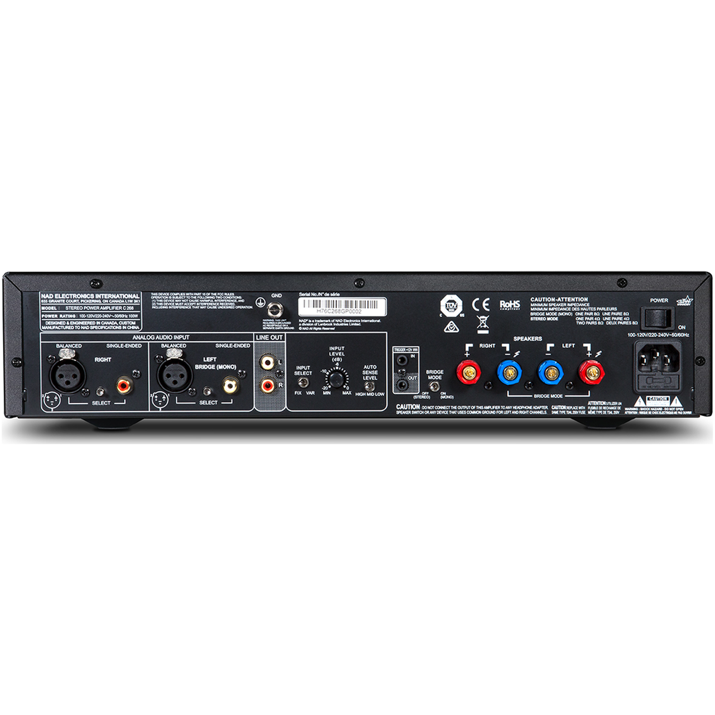 NAD C268 Stereo-Endstufe Rückansicht Anschlussfeld mit XLR, Cinch und Lautsprecherklemmen