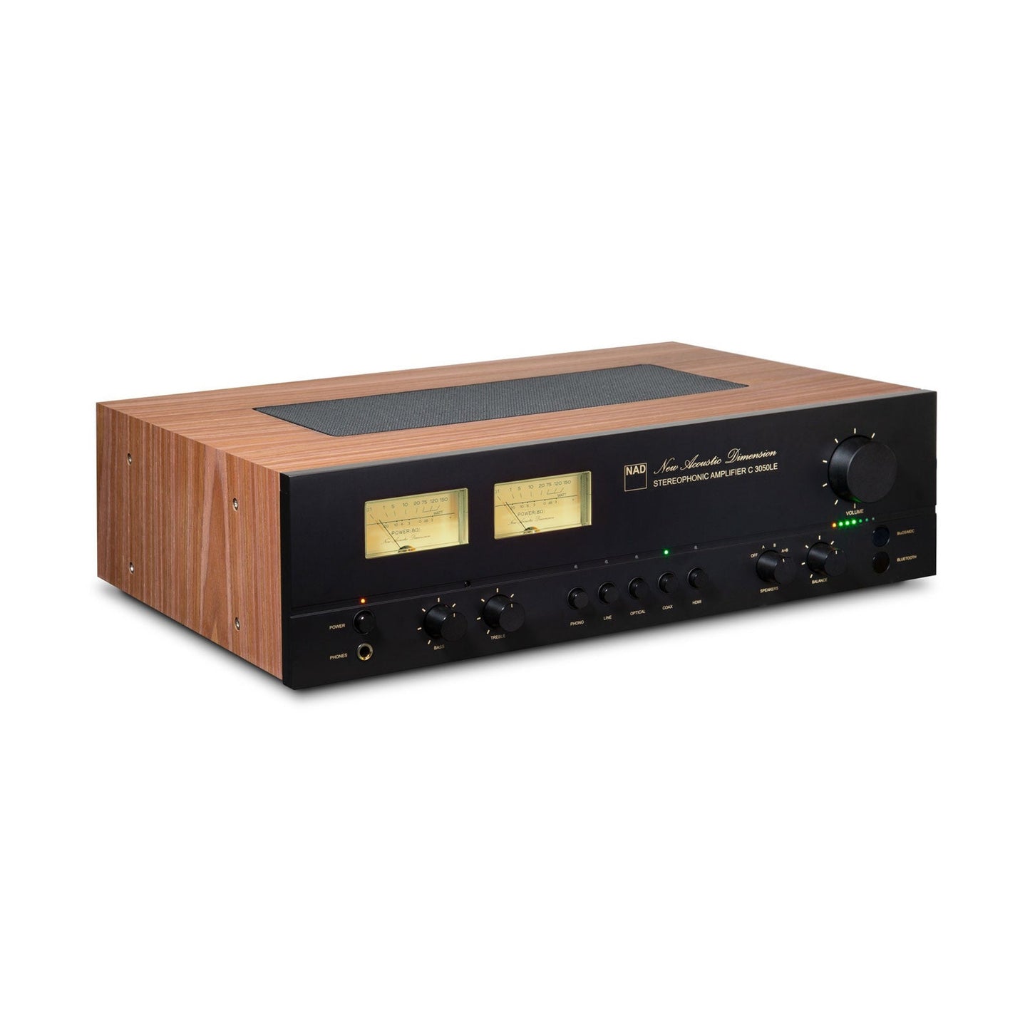 NAD C3050 Stereo Vollverstärker Schrägansicht Walnuss-Optik mit VU-Metern