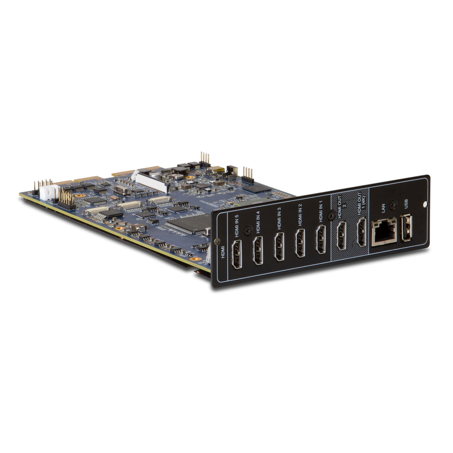 NAD MDC VM310 UHD-4K-Video-Modul Schrägansicht mit HDMI-Eingängen, LAN und USB