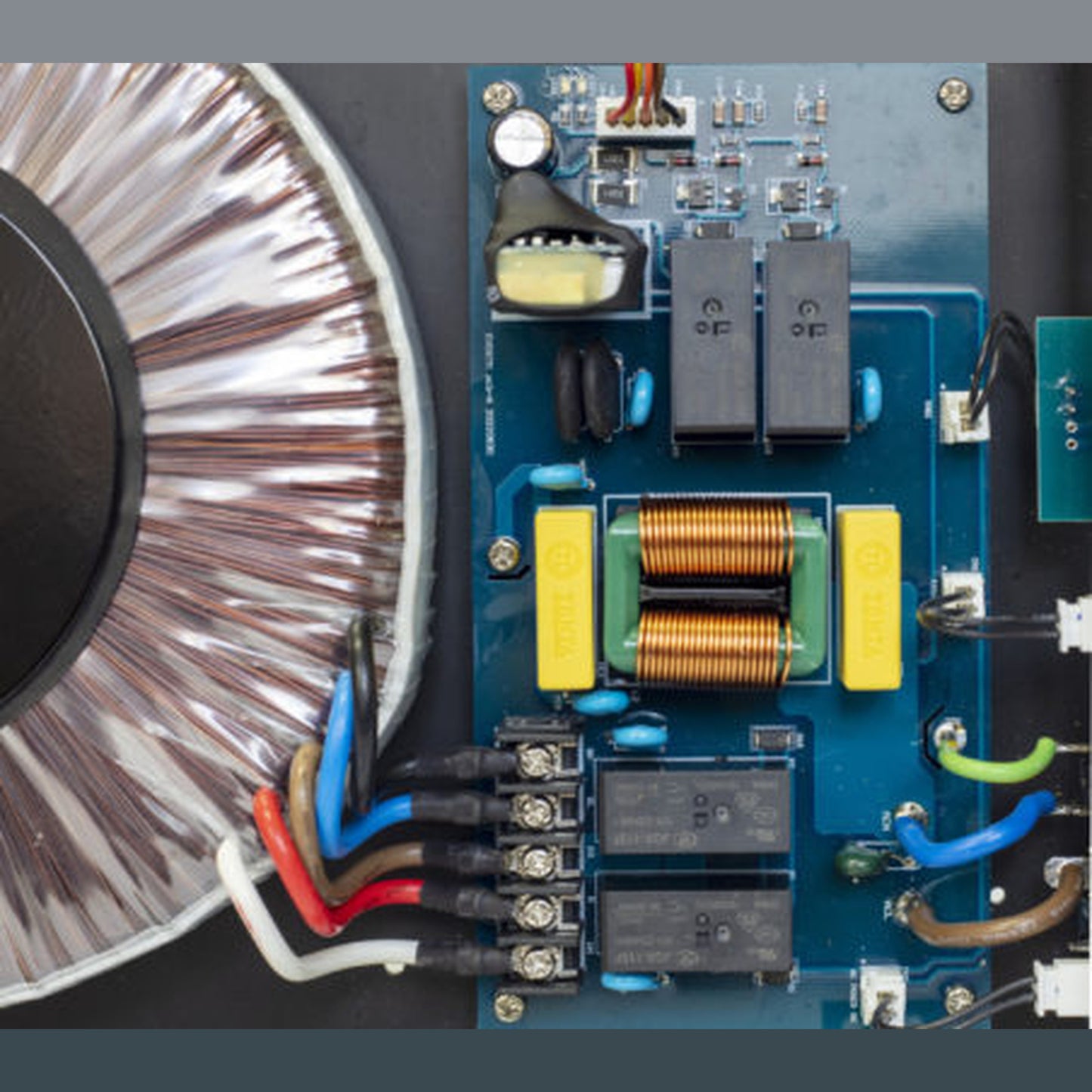NuPrime Evolution TWO-SE Mono-Endstufe Detailansicht des Ringkerntransformators und des Netzfilters