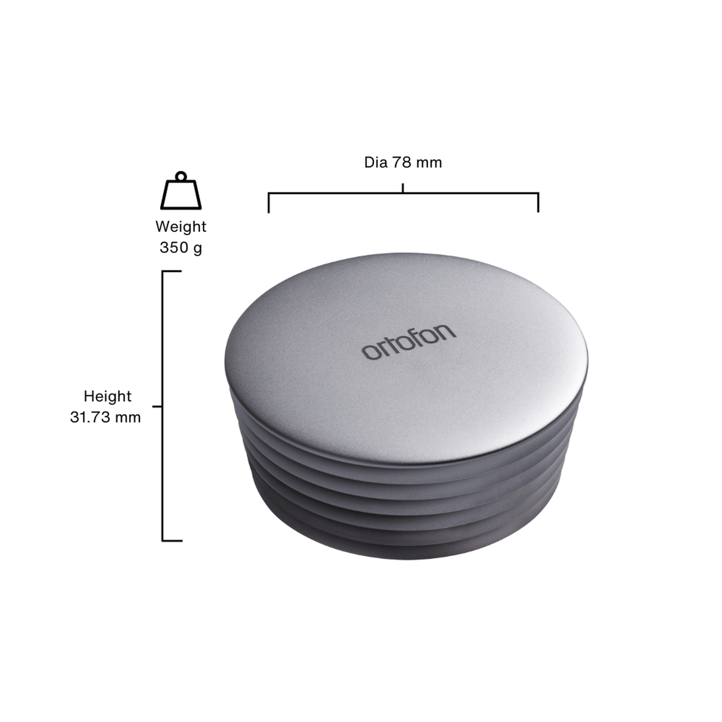 Ortofon Plattenstabilisator Heavy 350 g Silber Masszeichnung mit Durchmesser, Höhe und Gewicht