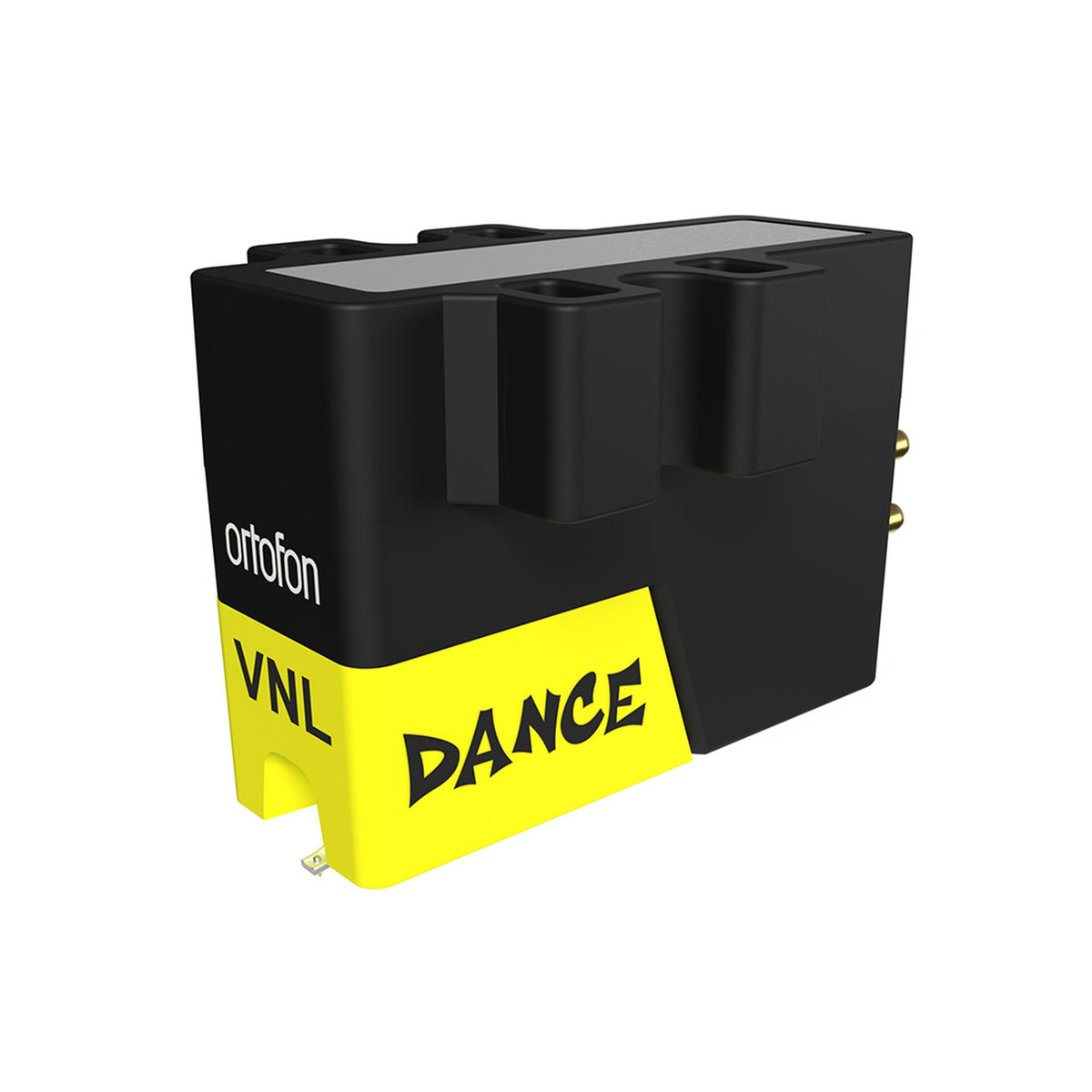 Ortofon VNL DANCE DJ-Tonabnehmer Schrägansicht mit neongelbem Nadeleinschub