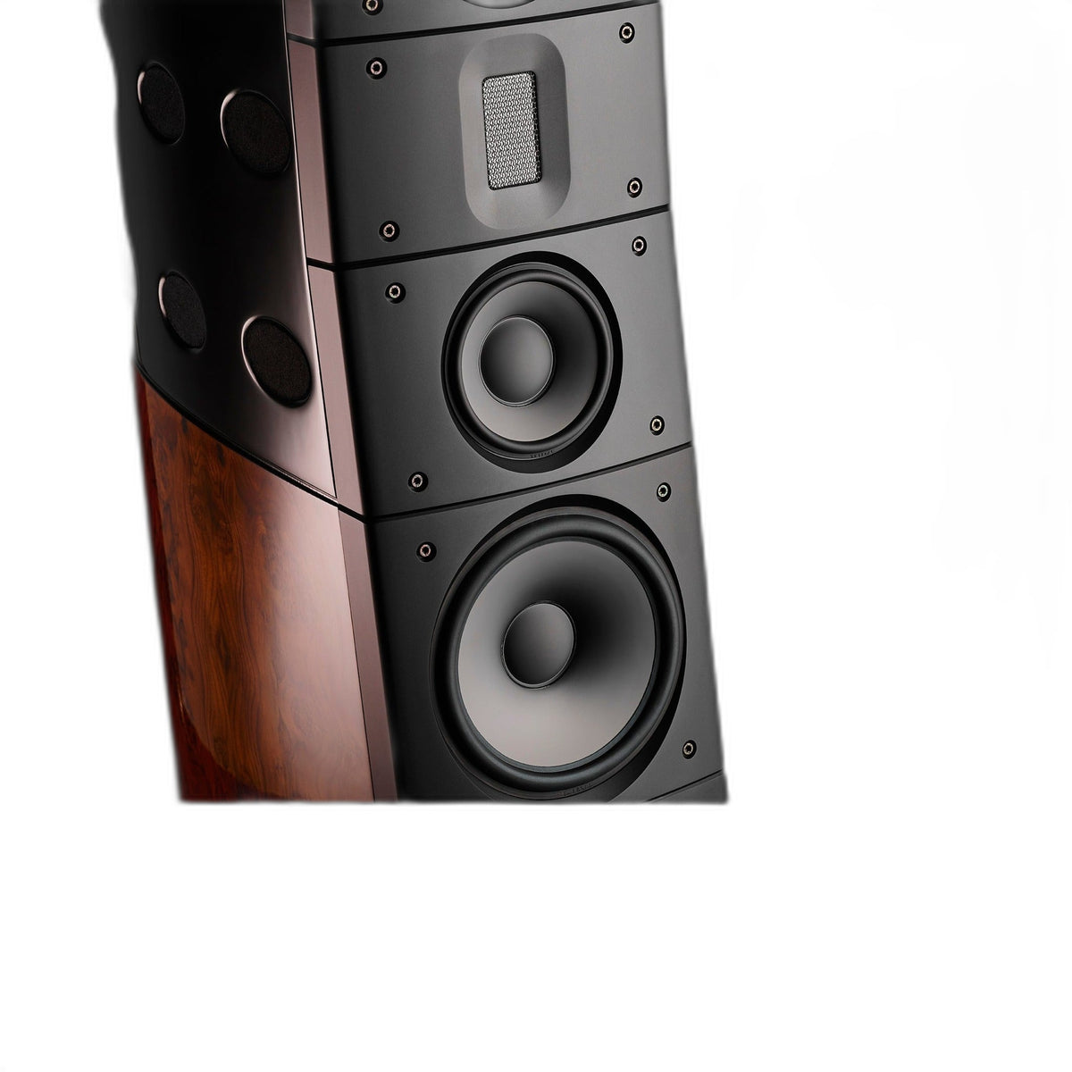 Raidho TD6 Standlautsprecher Detailansicht Gehäuseflanke mit Bassreflexöffnungen in Walnut Burl