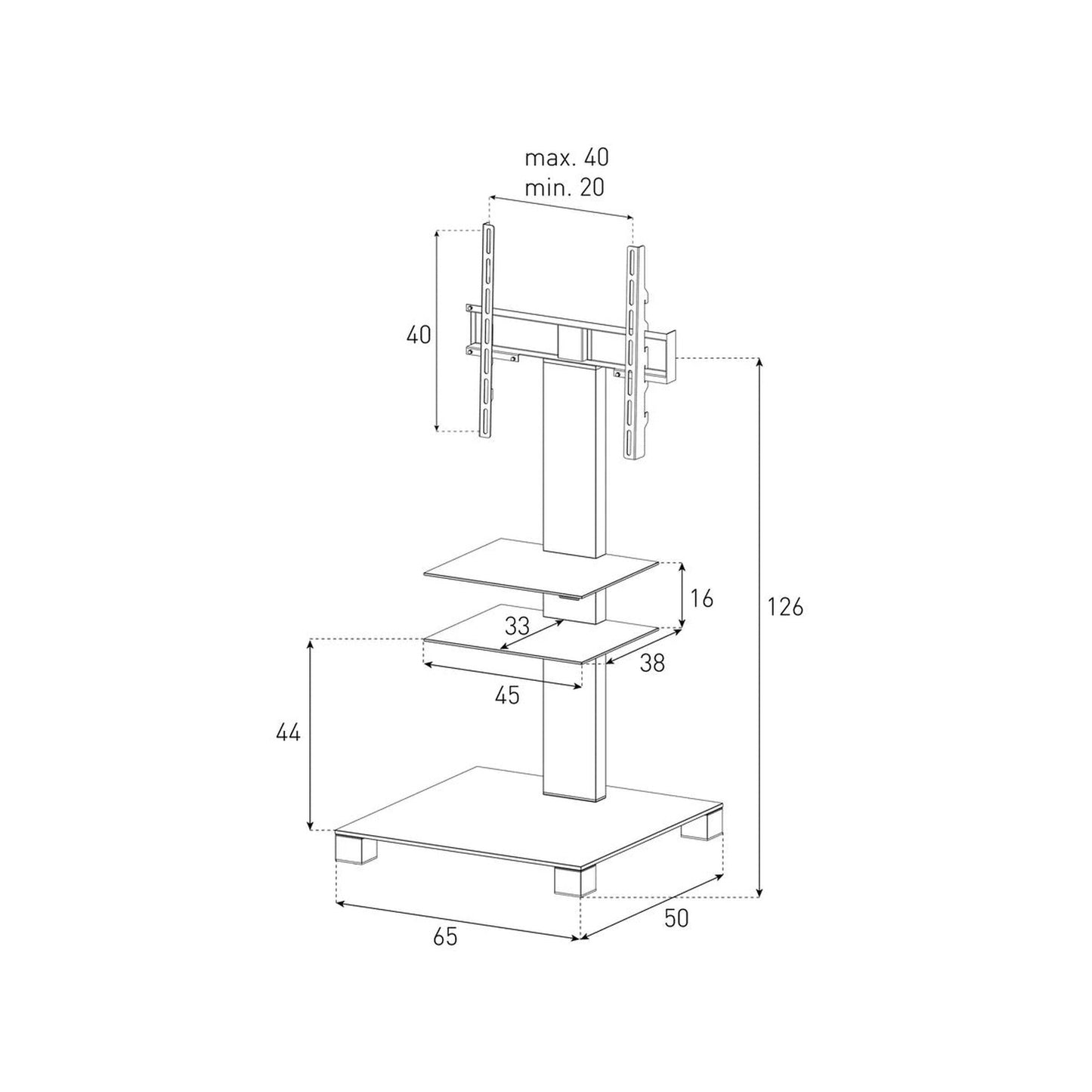 Sonorous PL2525-B-INX TV-Standfuss Masszeichnung Schwarzglas-Alu mit Massangaben