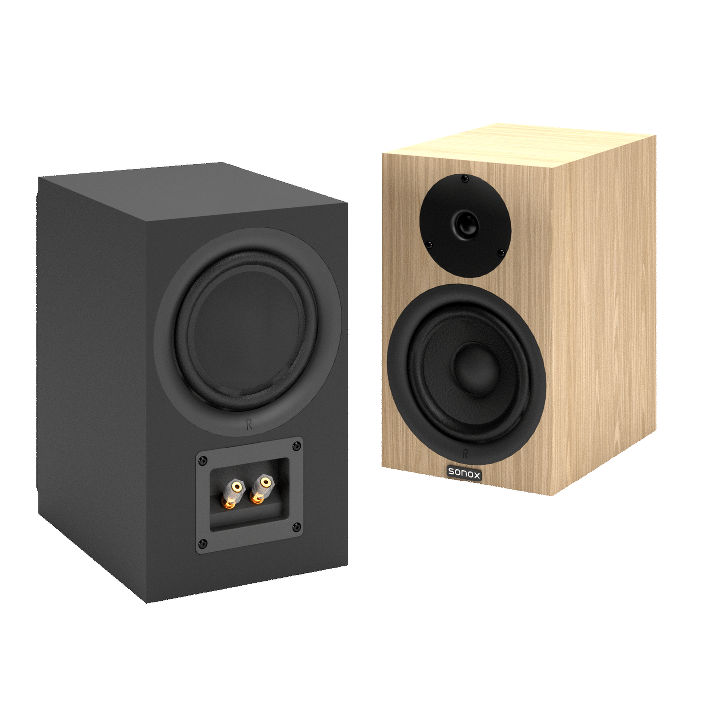Sonox Q30 Regallautsprecher Produktansicht mit Rückseite samt Schraubklemmen-Terminal und Front