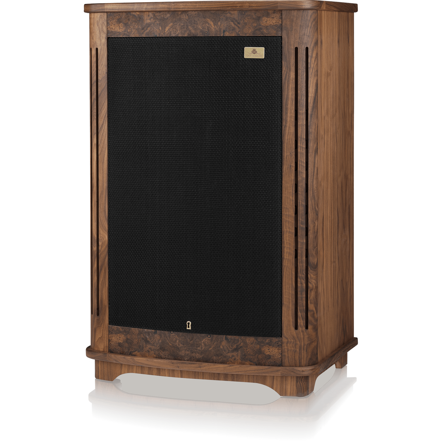 Tannoy Canterbury GR Standlautsprecher Schrägansicht mit montierter Frontbespannung, Nussbaumgehäuse