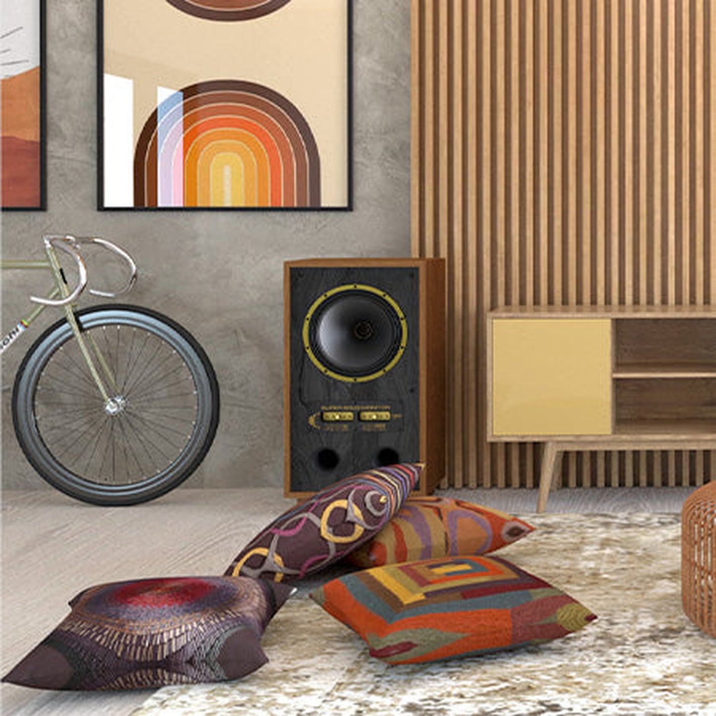 Tannoy SGM 12 Standlautsprecher Lifestyle im Wohnraum neben Fahrrad und Sideboard