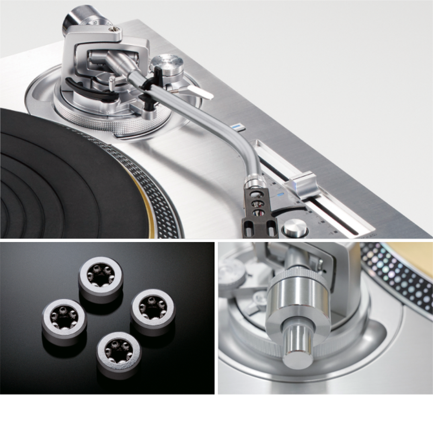 Technics SL-1200G Plattenspieler Silber Detailansicht Tonarmlager, Präzisionslager und Zusatzgewichte