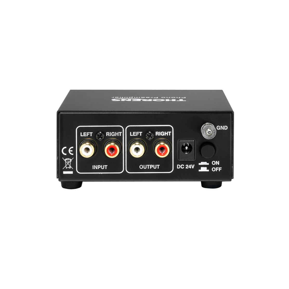 Thorens MM-002 Phono-Vorverstärker Anschlussfeld mit Cinch-Ein-/Ausgängen, Netzteilbuchse und Ein-/Ausschalter