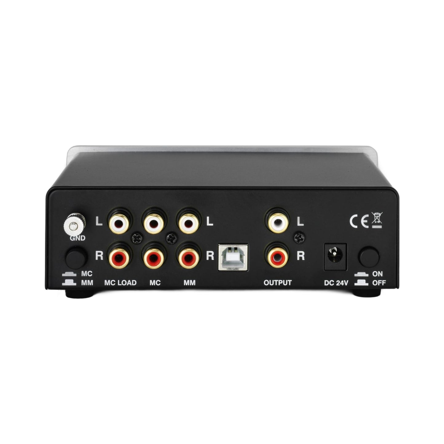 Thorens MM 008 ADC Phono-Vorstufe Rückansicht mit Cinch-Anschlüssen, USB-B-Ausgang und GND-Klemme