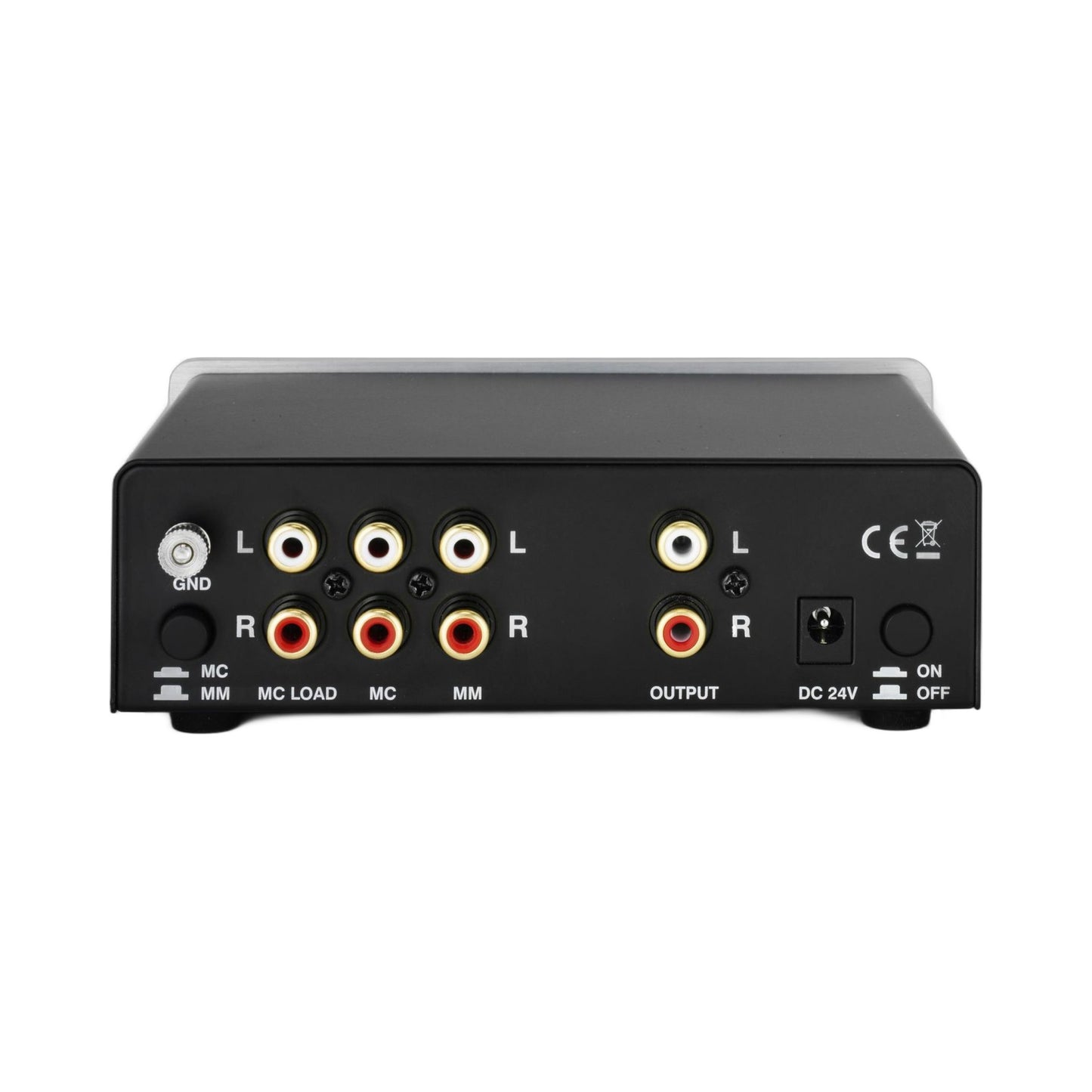 Thorens MM 008 Phono-Vorverstärker Rückansicht mit drei Cinch-Eingangspaaren, Ausgang und GND-Klemme