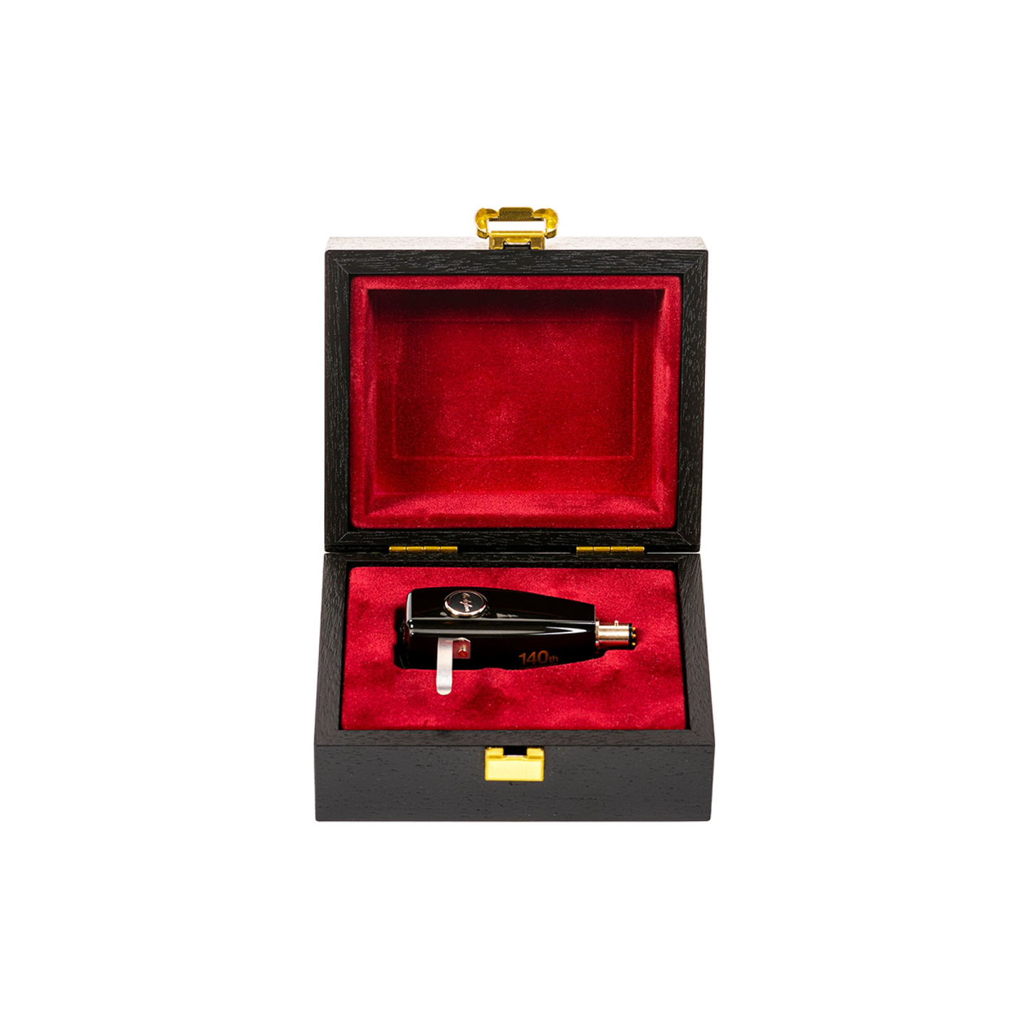 Thorens SPU-124 140th Anniversary MC-Tonabnehmer Lieferumfang im Holzetui mit rotem Samtinlay