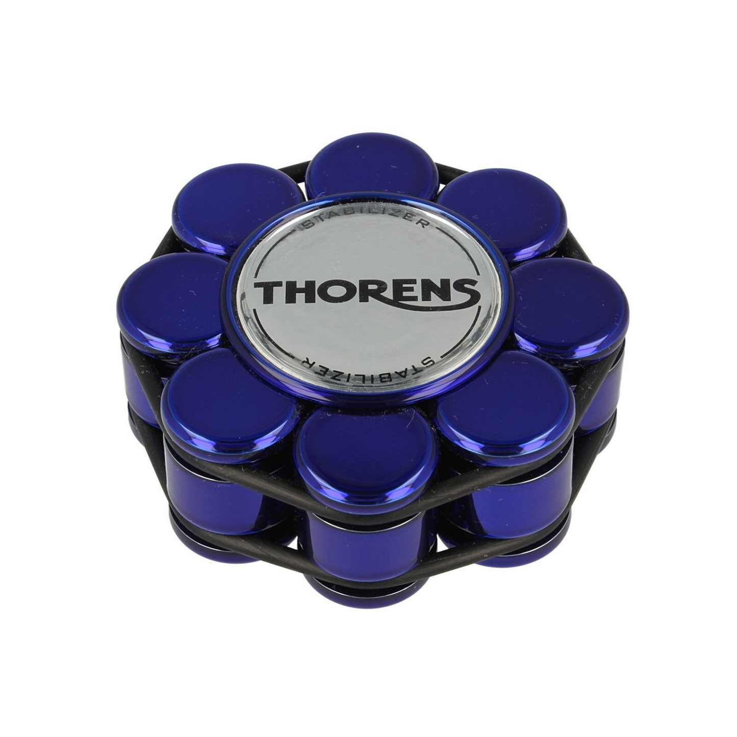 Thorens Stabilizer Blau Plattengewicht Draufsicht, blaue Zylinder mit verchromter THORENS-Plakette