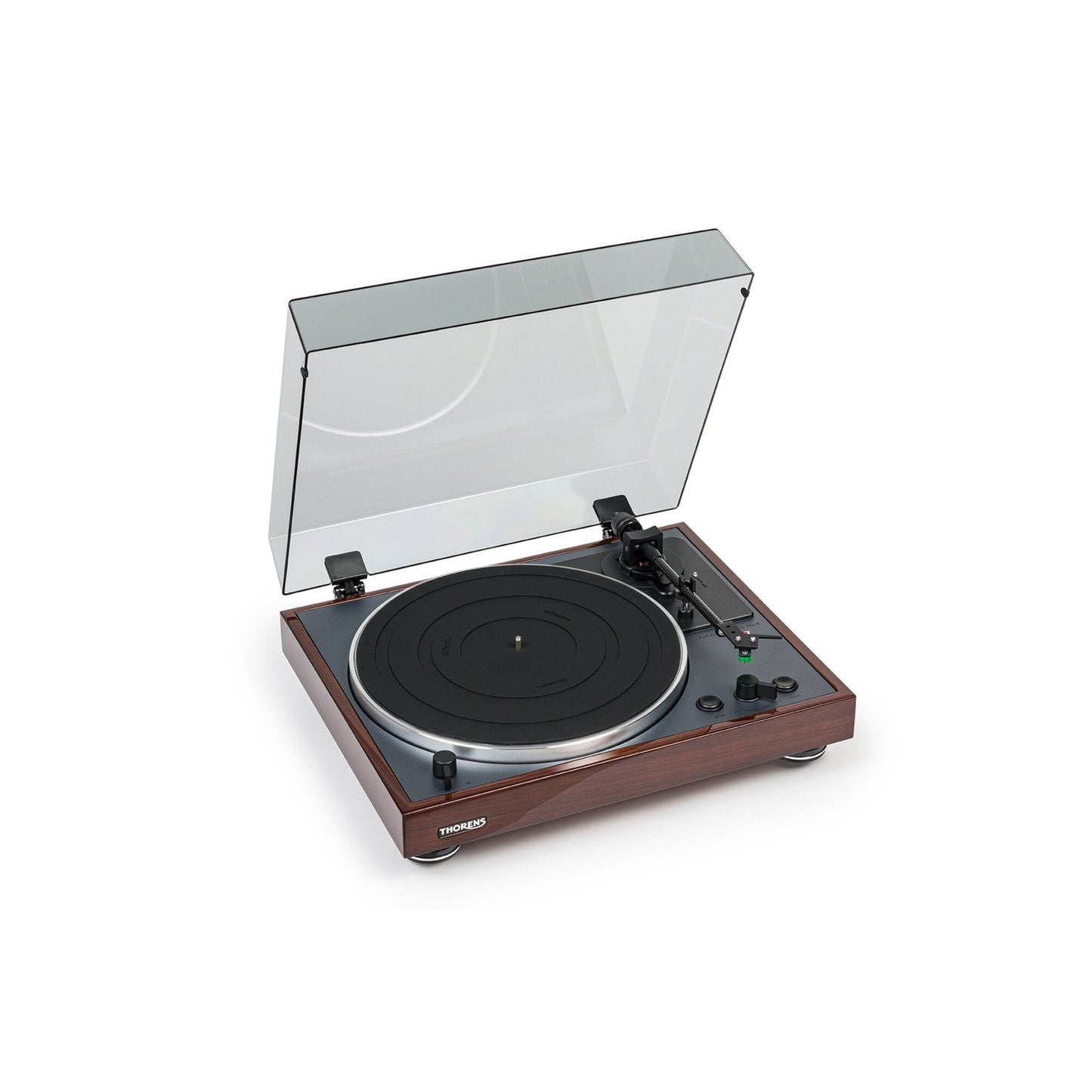 Thorens TD 102 A Plattenspieler Nussbaum Hochglanz Frontansicht schräg von links mit geöffneter Staubschutzhaube