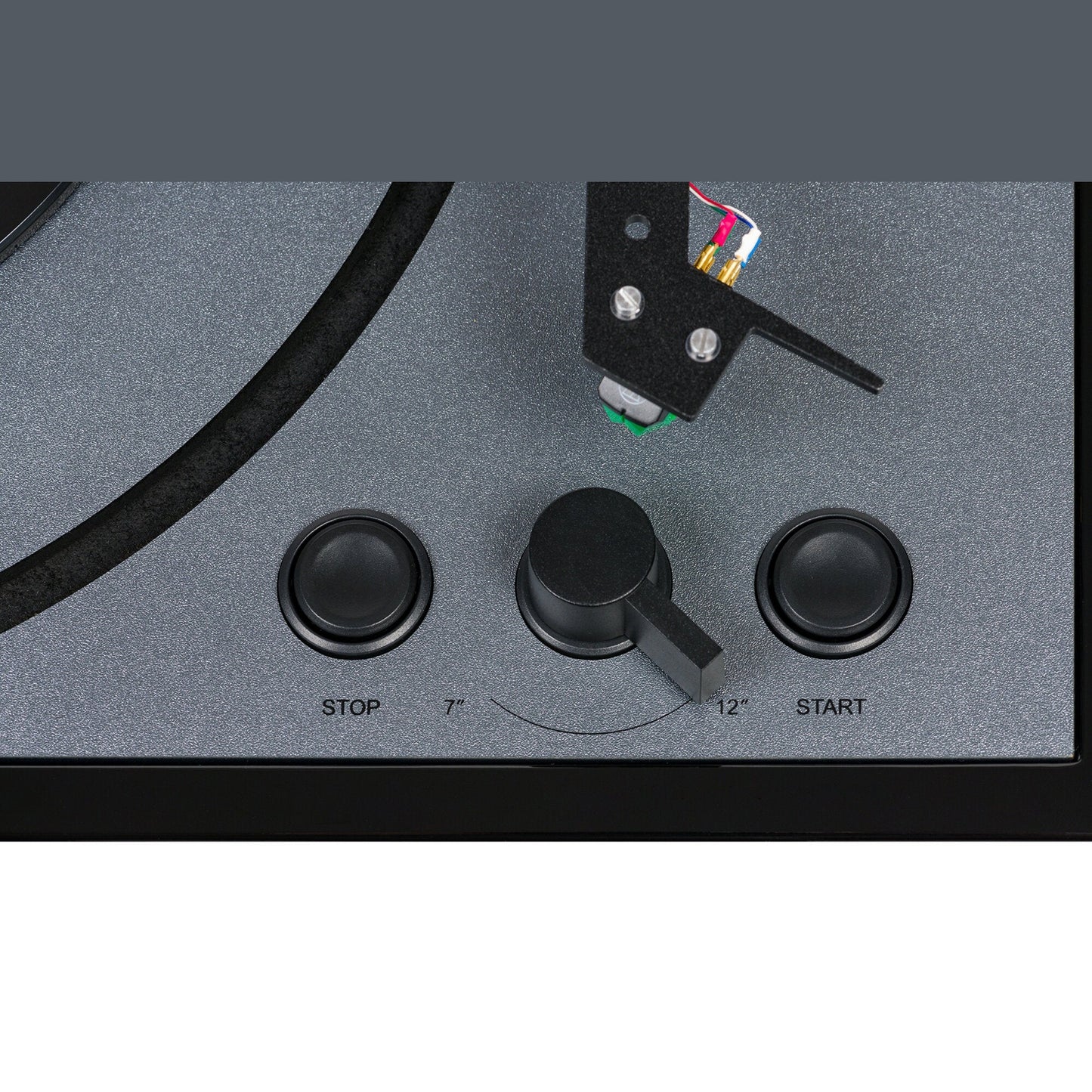 Thorens TD 102 A Plattenspieler Schwarz Hochglanz Detailansicht Bedienelemente Start, Stop und Plattengrösse
