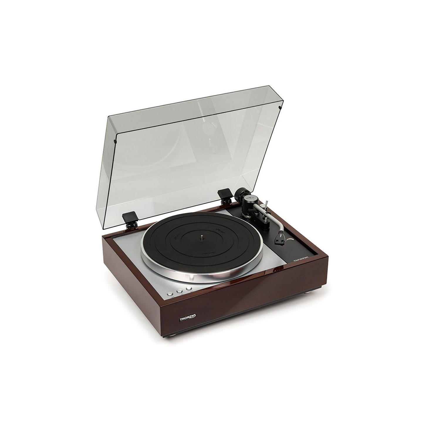 Thorens TD 1600 (TP 160) Plattenspieler Walnuss Frontansicht mit geöffneter Staubschutzhaube, Ansicht von rechts