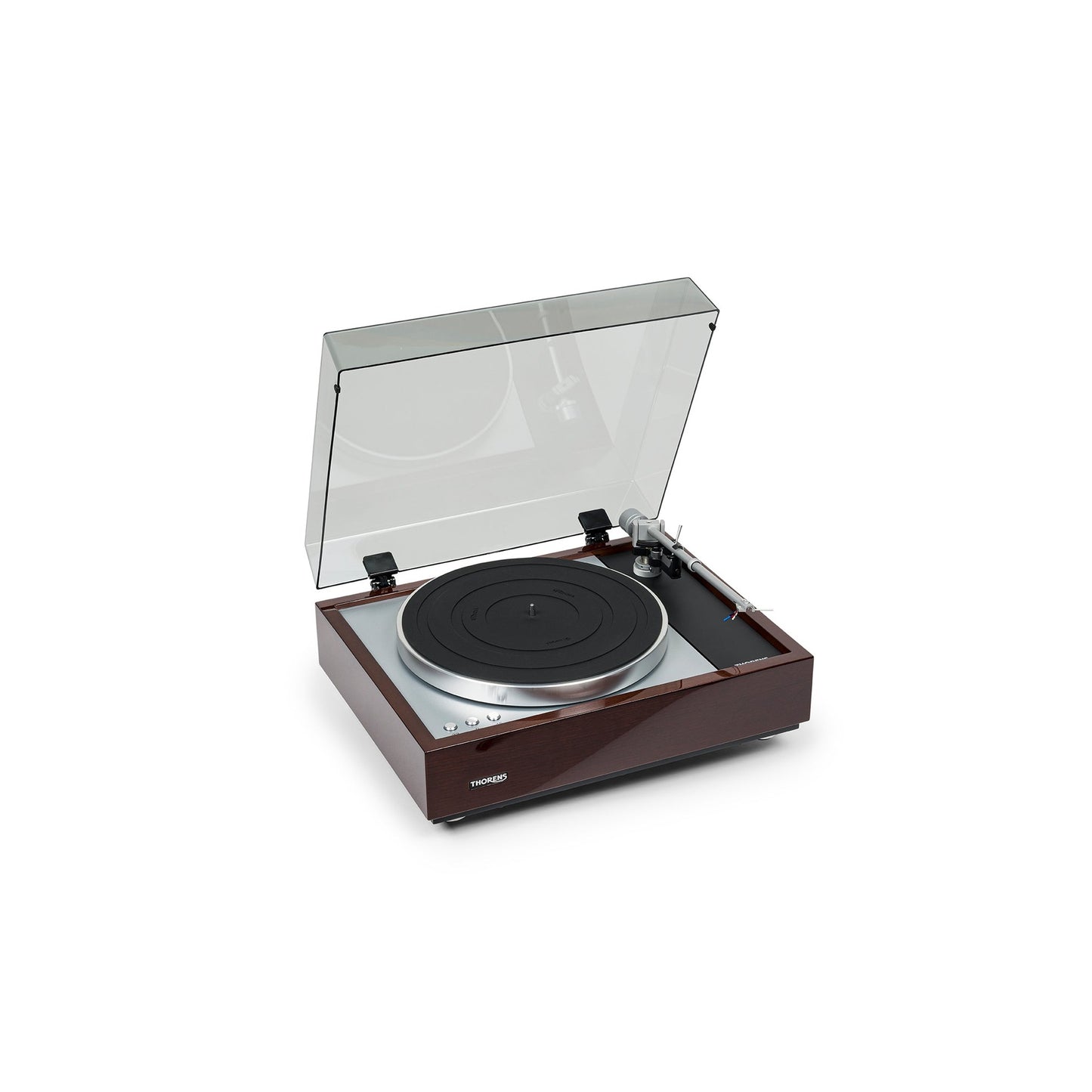 Thorens TD 1600 (TP 92) Plattenspieler Walnuss Schrägansicht 2 von der anderen Seite, Haube geöffnet
