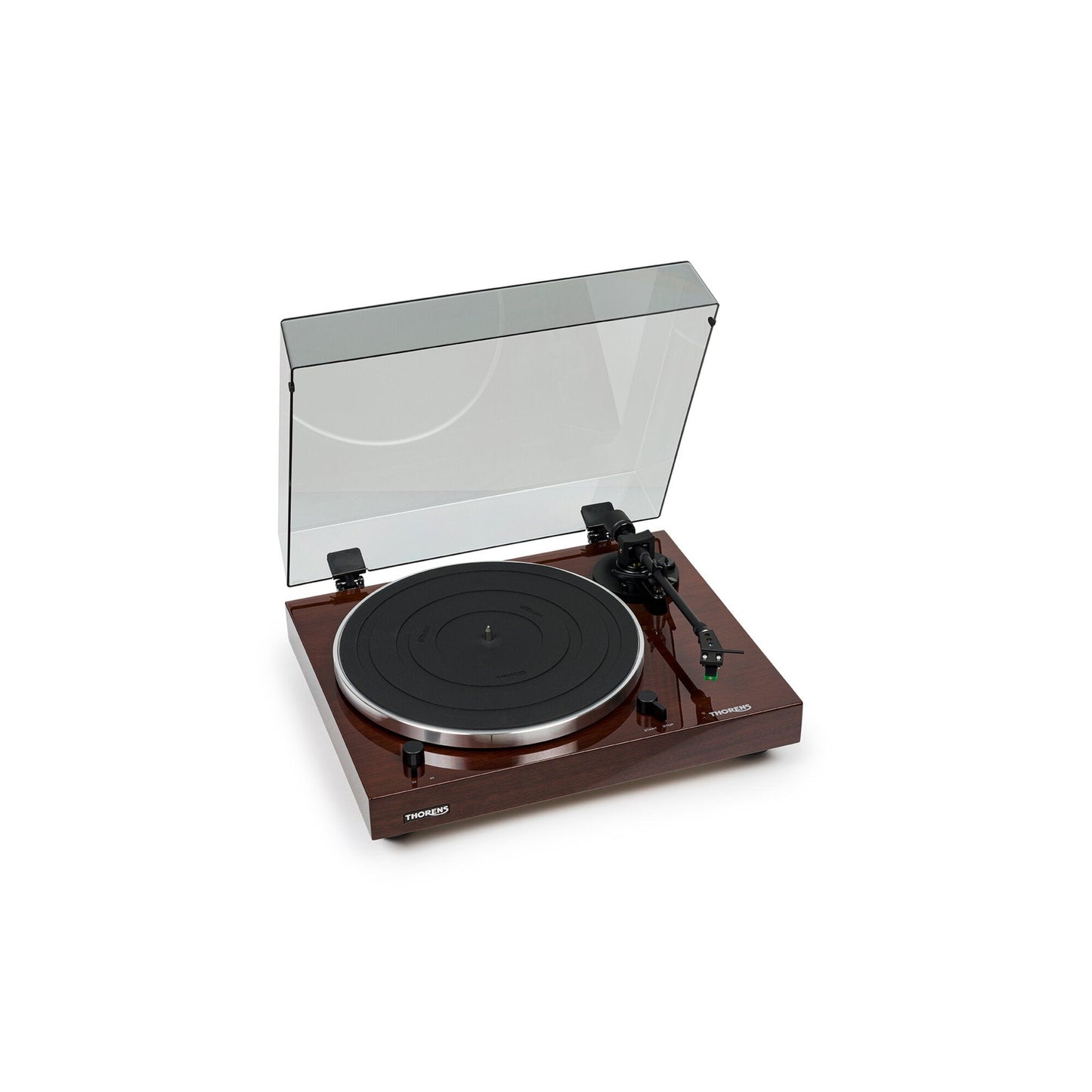Thorens TD 202 Plattenspieler Nussbaum Hochglanz Frontansicht von rechts mit geöffneter Staubschutzhaube