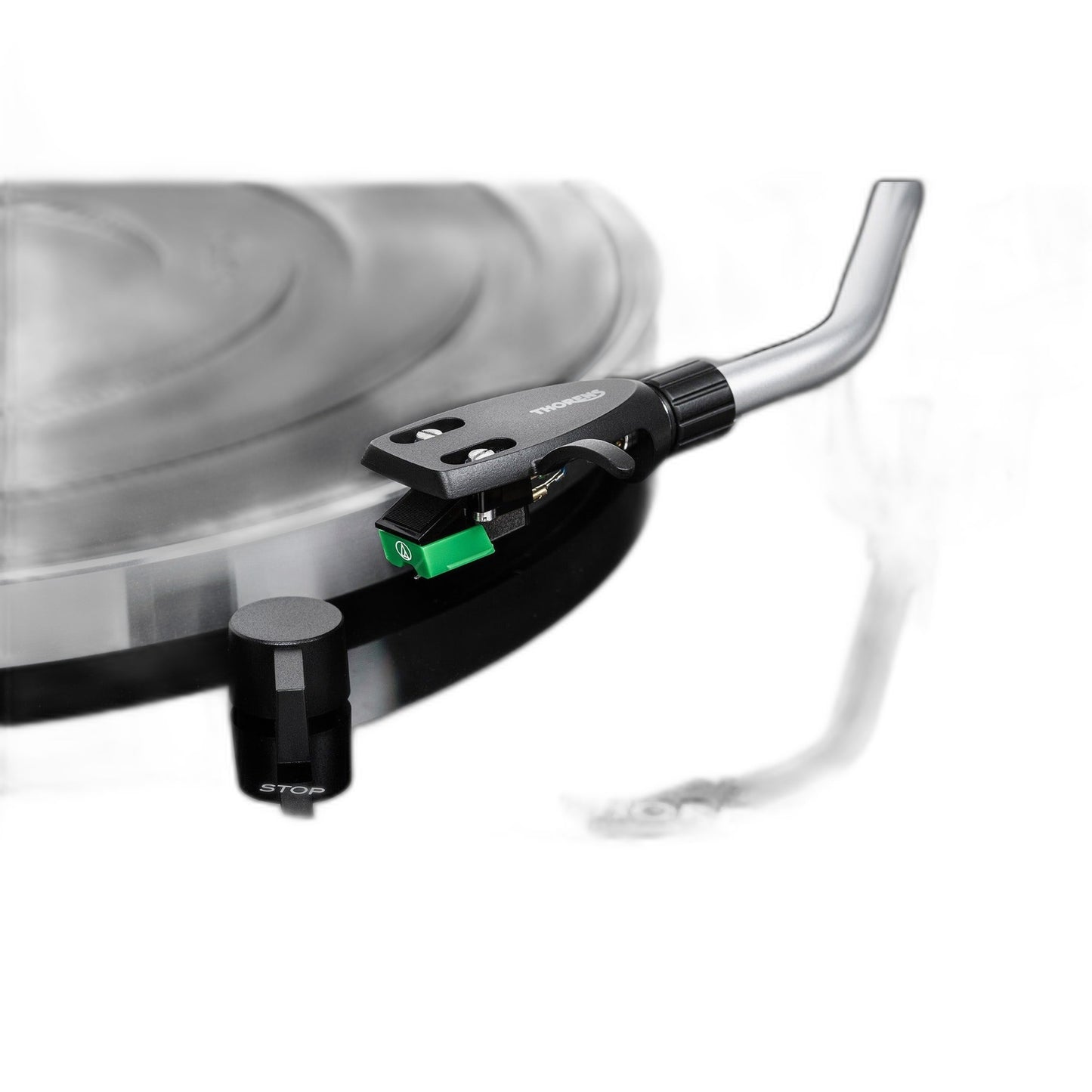 Thorens TD 204 Plattenspieler Schwarz Hochglanz Detailansicht 2 Headshell mit Tonabnehmer und Start-Stop-Taste