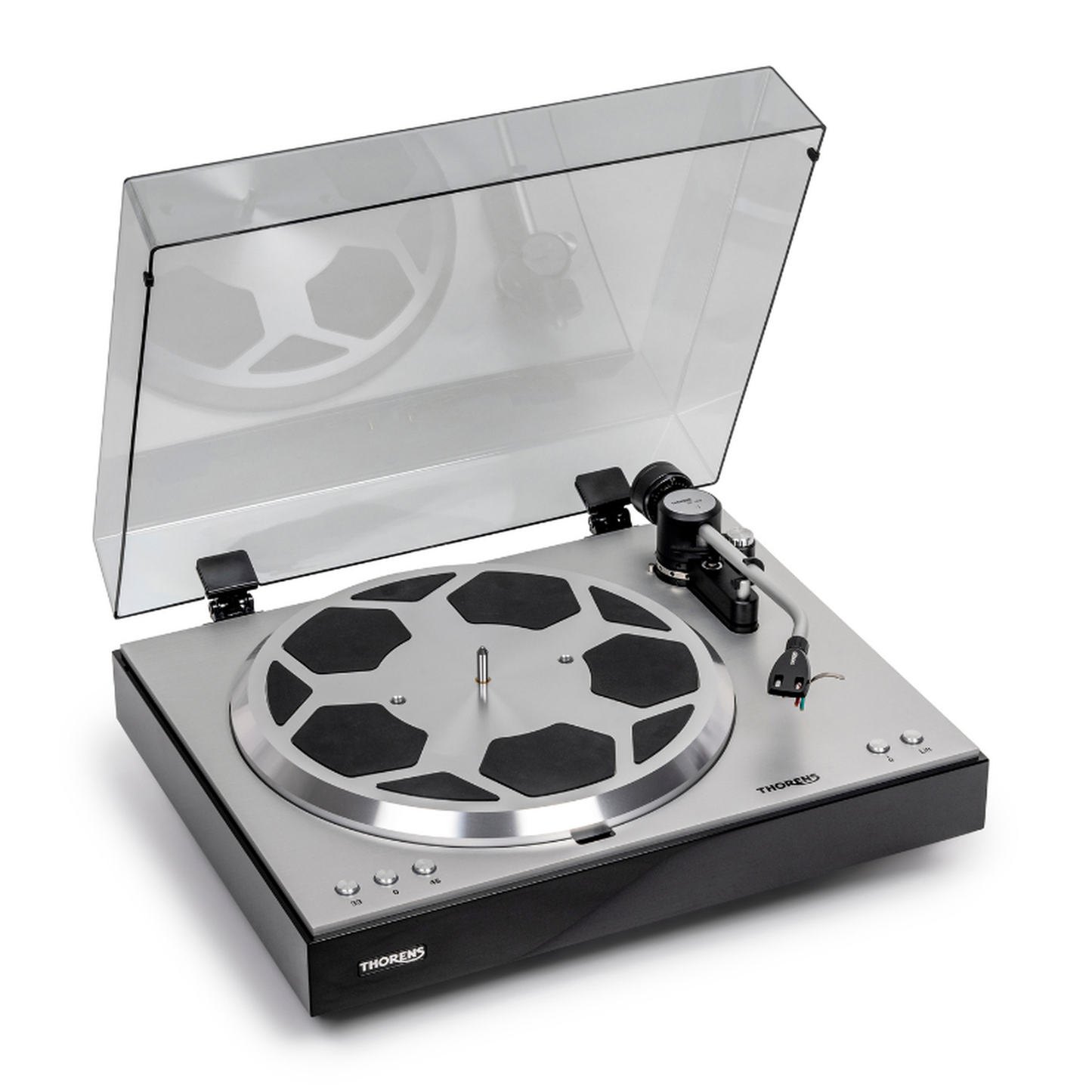 Thorens TD 404 DD Plattenspieler Schwarz Hochglanz Frontansicht schräg von links mit geöffneter Staubschutzhaube