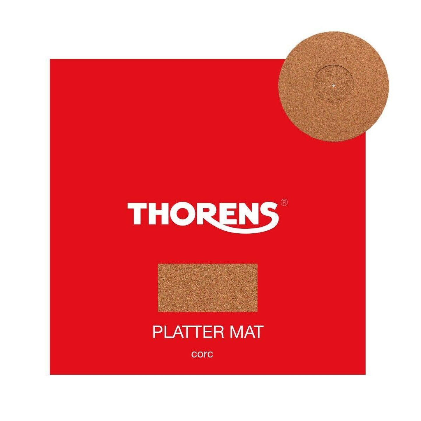 Thorens Teller-Matte Kork Braun Verpackung, rote Karte mit THORENS-Logo, Korkmuster und Matte