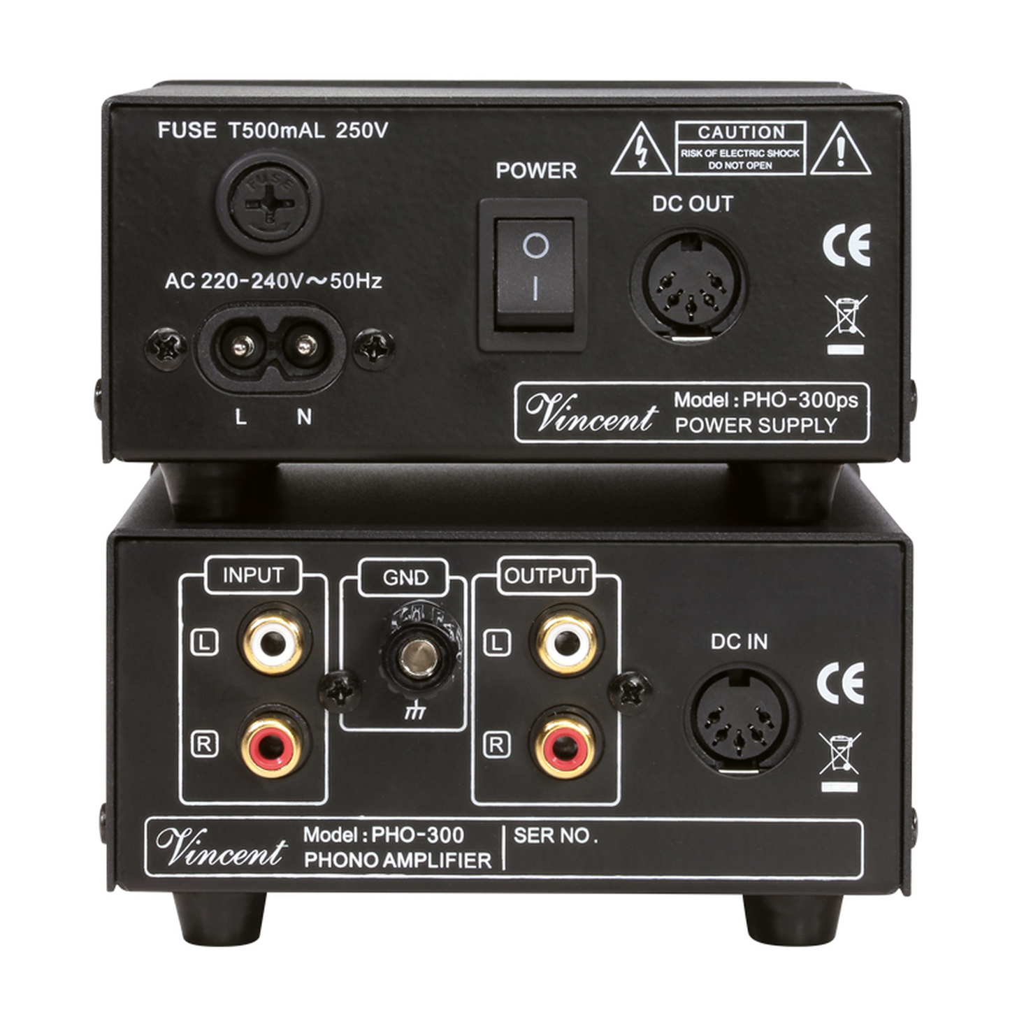Vincent PHO-300 Phono-Vorverstärker Rückansicht mit Netzteil, Cinch-Anschlüssen und Masseklemme