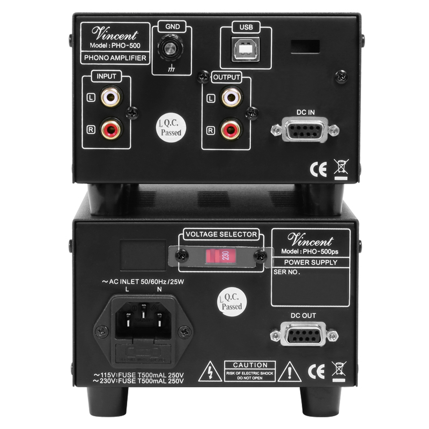 Vincent PHO-500 Phono-Vorverstärker mit USB Rückansicht mit Masseklemme und separatem Netzteil
