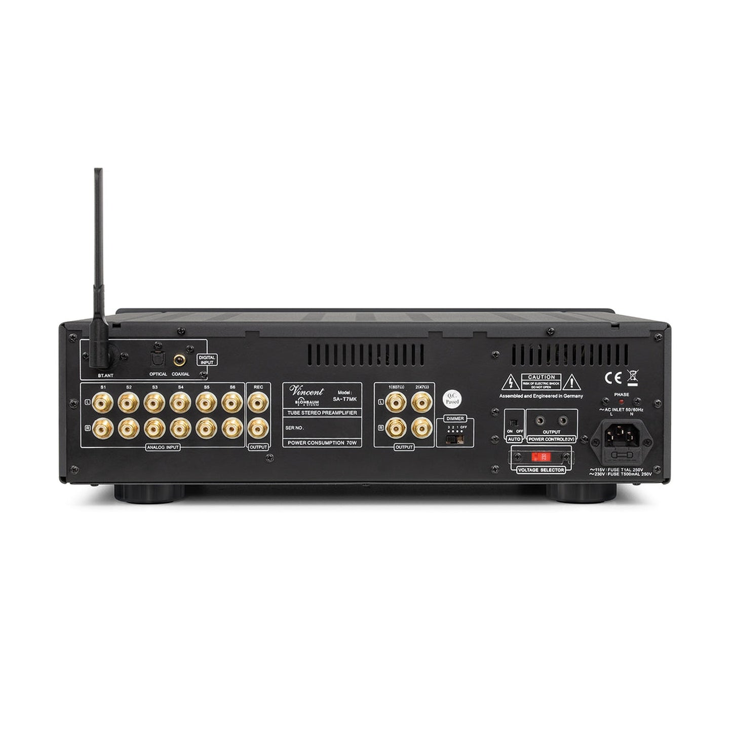Vincent SA-T7 MK Röhren-Vorverstärker Rückansicht mit sechs Analogeingängen und Digitaleingang