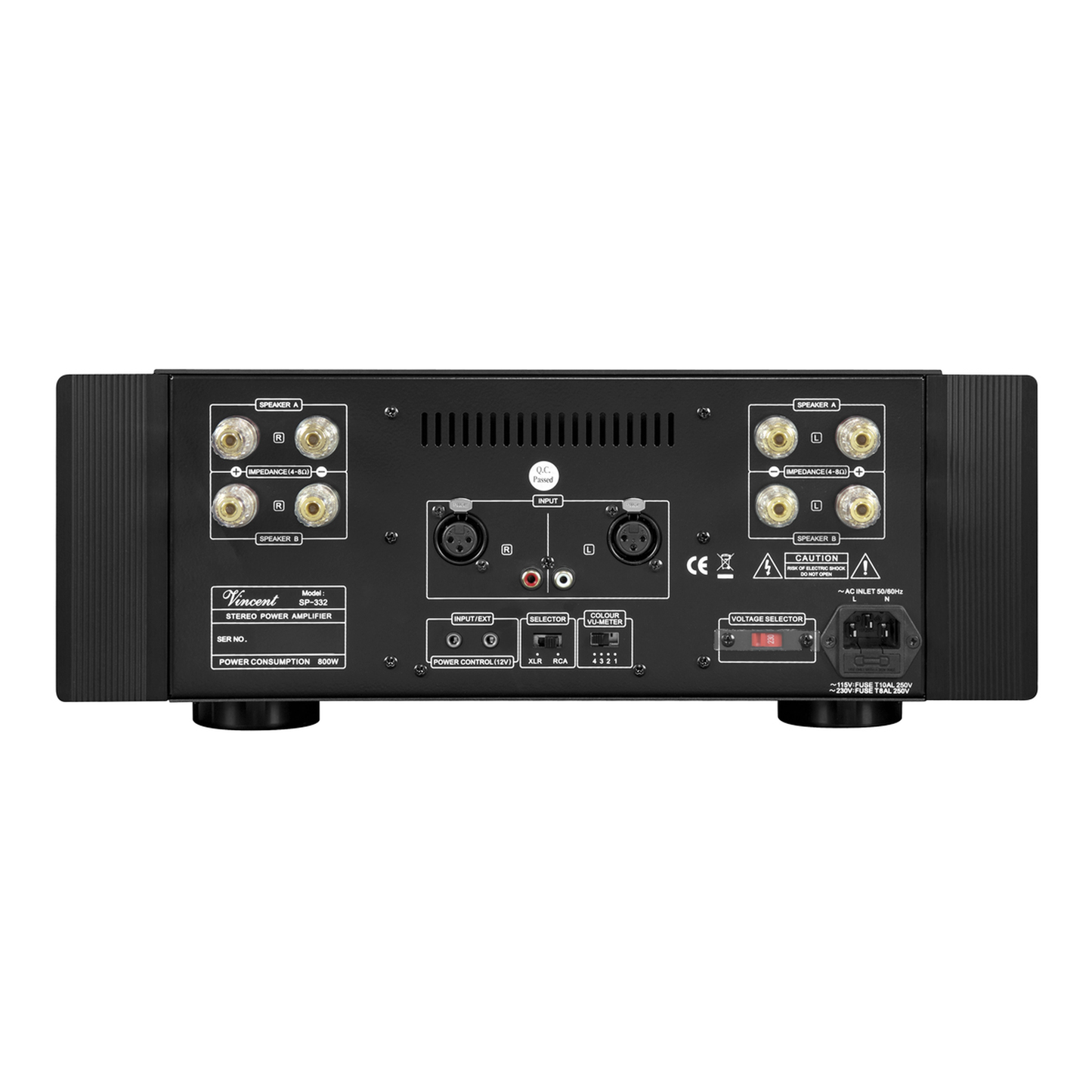 Vincent SP-332 Hybrid-Stereo-Endstufe Rückansicht mit Lautsprecherklemmen und XLR-Eingang