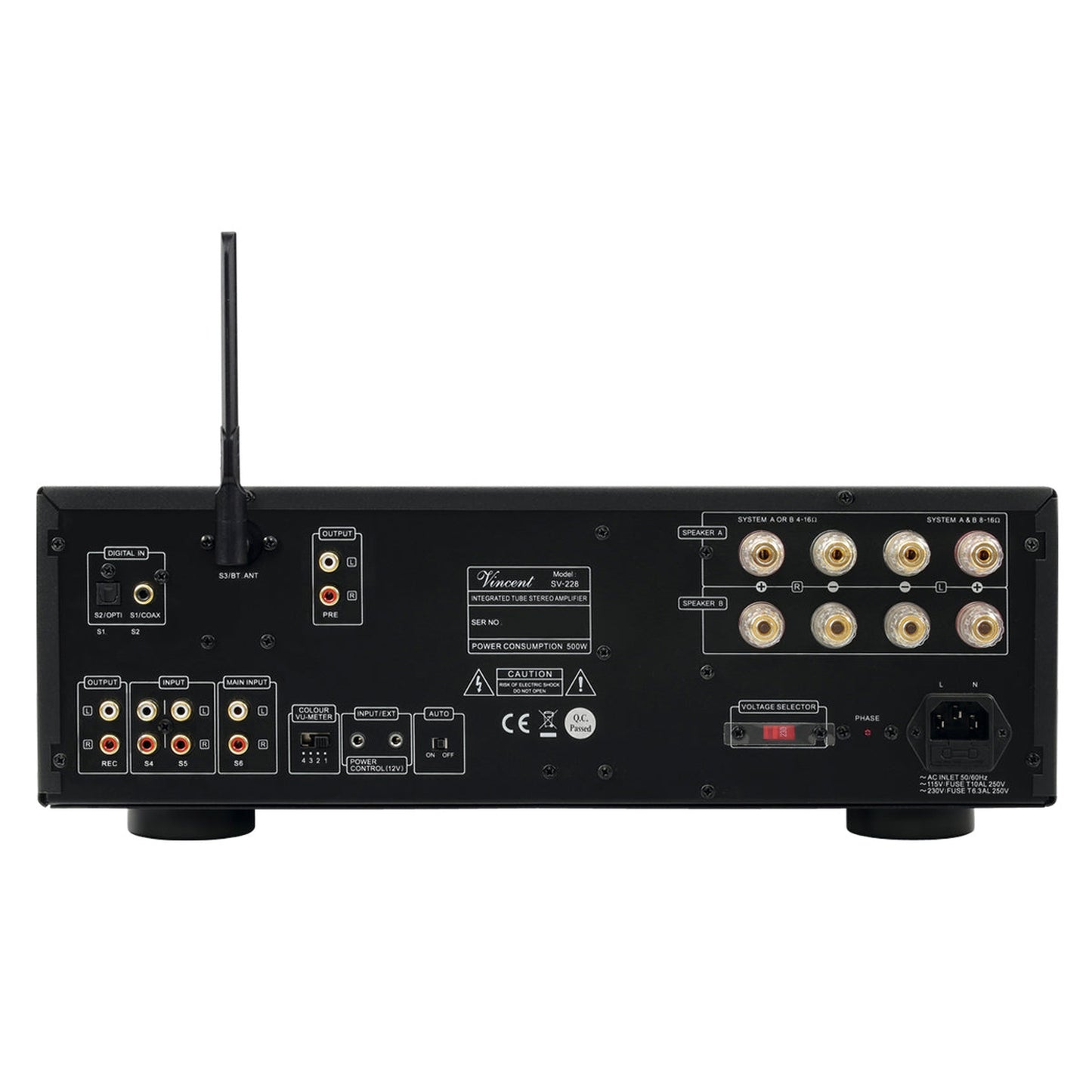 Vincent SV-228 VU Hybrid-Vollverstärker Rückansicht mit Lautsprecherklemmen und Antenne