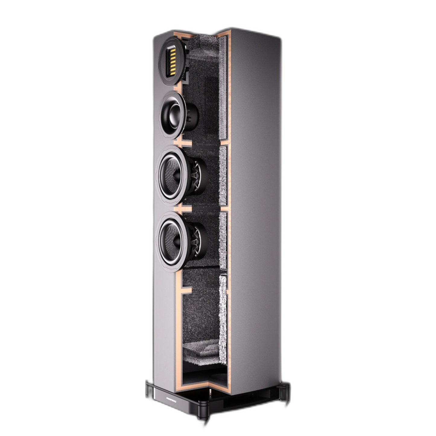 Wharfedale EVO 5.3 Standlautsprecher Nussbaum Querschnitt des Gehäuses mit Bedämpfung und Versteifungen