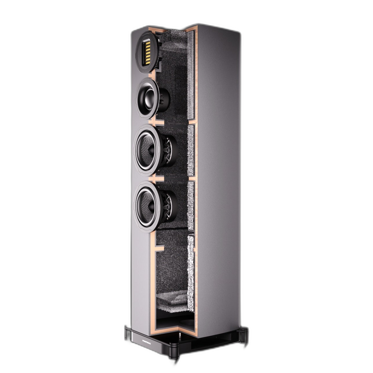 Wharfedale EVO 5.4 Standlautsprecher Schwarz matt Querschnitt des Gehäuses mit Bedämpfung und Versteifungen