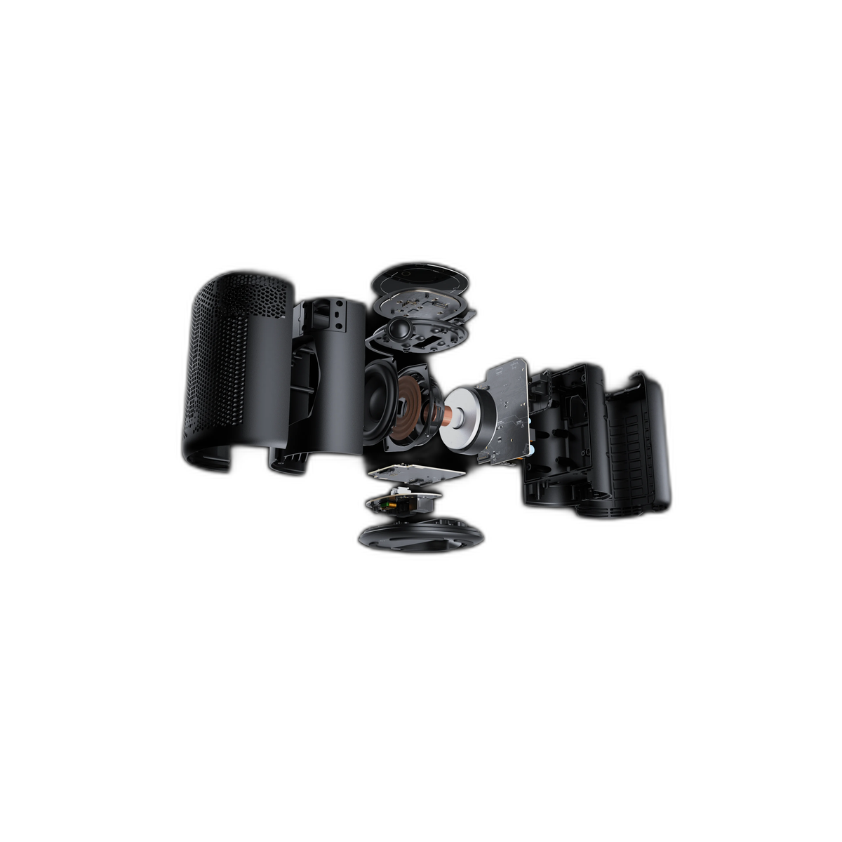 WiiM Sound Lite Twin-Pack Stereoset Schwarz Detailansicht 2 Explosionsdarstellung der Bauteile