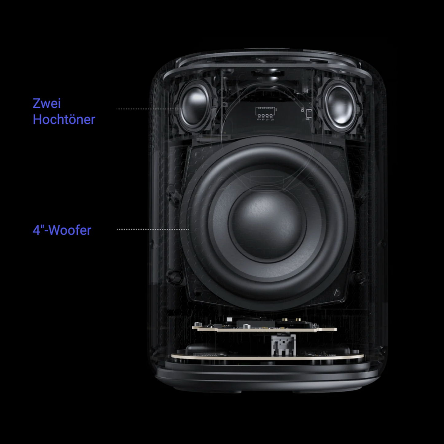 WiiM Sound Streaming-Lautsprecher Schwarz Detailansicht 3 Schnittbild mit zwei Hochtönern und 4-Zoll-Woofer