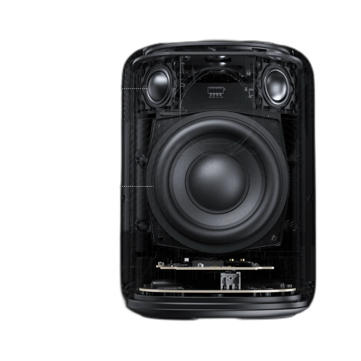 WiiM Sound Streaming-Lautsprecher Schwarz Detailansicht 3 Schnittbild mit zwei Hochtönern und 4-Zoll-Woofer
