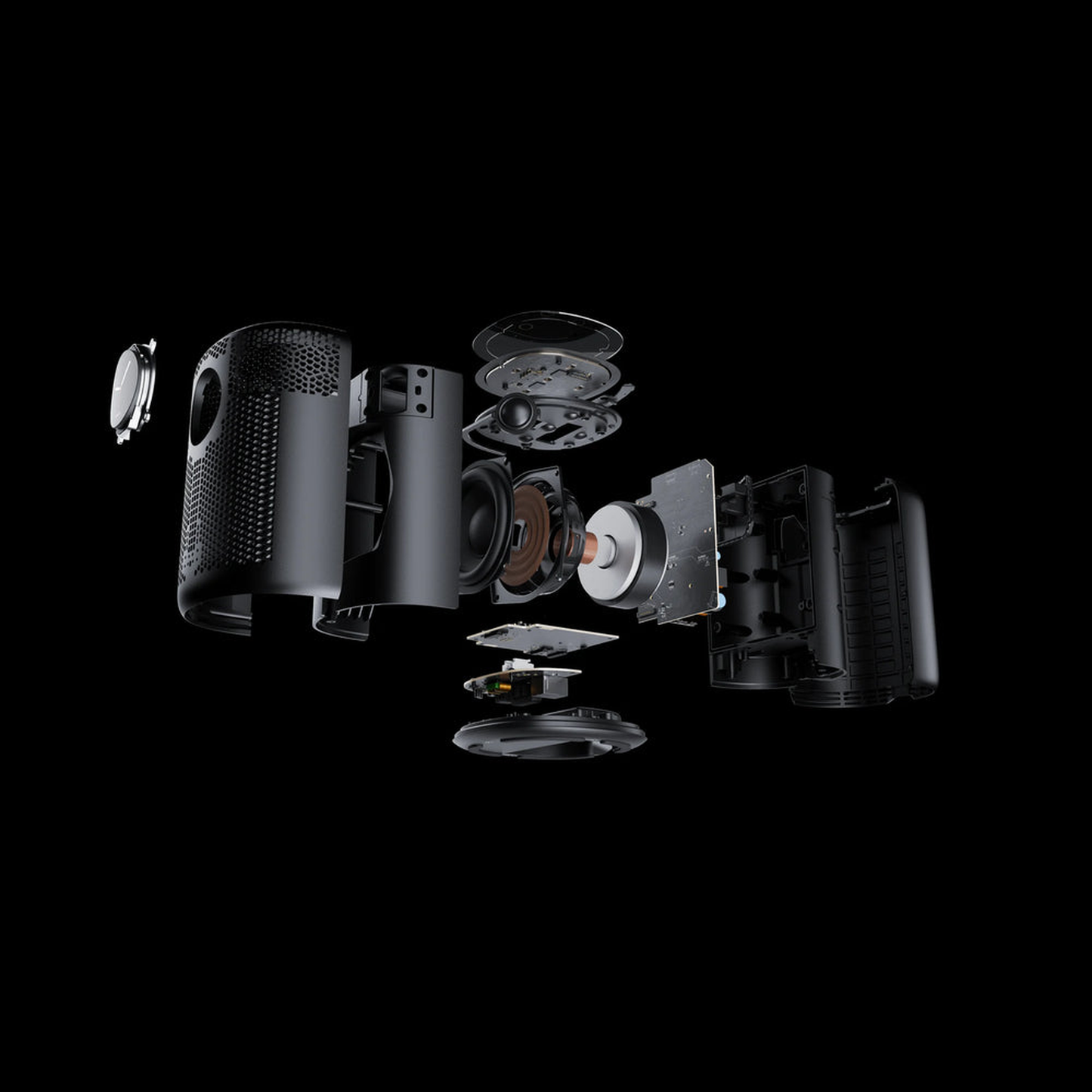 WiiM Sound Streaming-Lautsprecher Weiss Detailansicht 3 Explosionsdarstellung der Bauteile