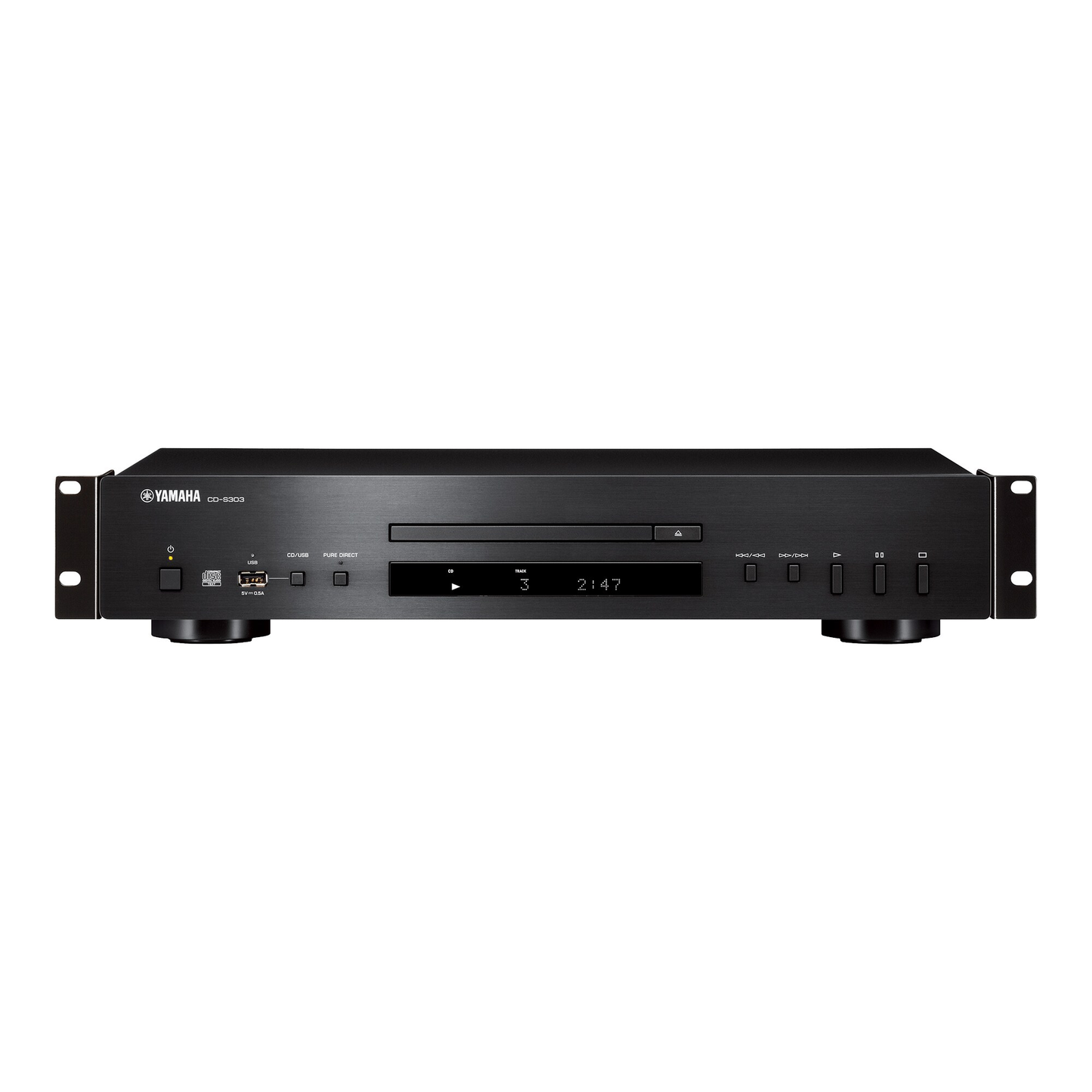 Yamaha CD-S303RK CD-Player Schwarz Frontansicht mit montierten Rack-Winkeln