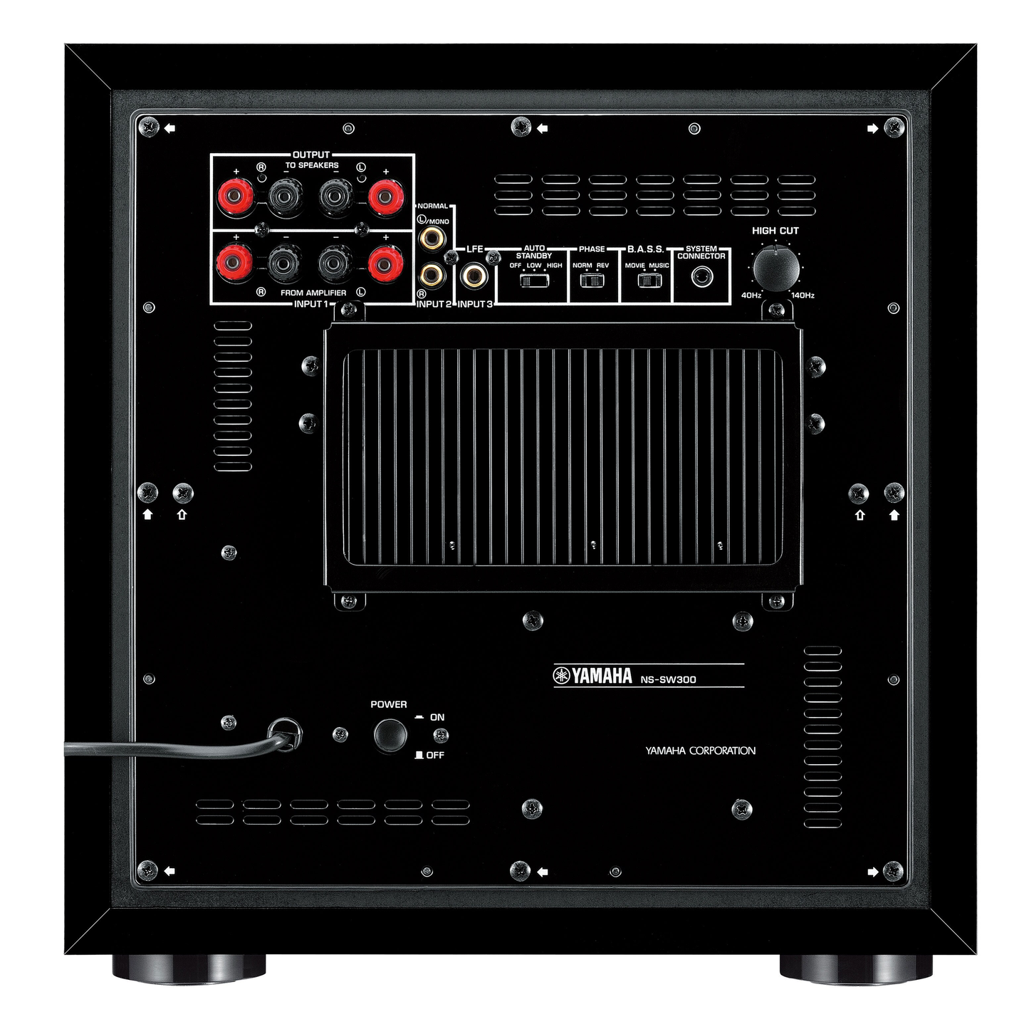 Yamaha NS-SW300 Subwoofer Klavierlack Anschlussfeld mit Eingängen und Pegelregler (Foto der schwarzen Ausführung)