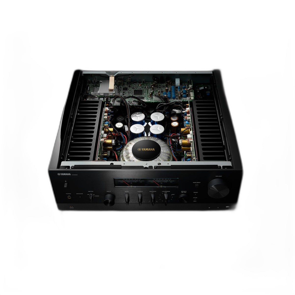 Yamaha R-N2000A Netzwerk-Receiver Schwarz Innenansicht mit Ringkerntransformator und Kühlkörpern