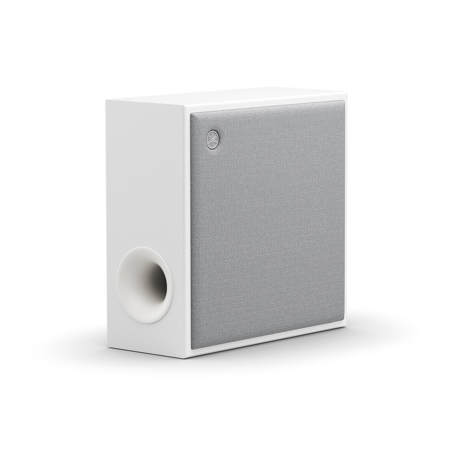 Yamaha True X Sub 100A Subwoofer Hellgrau Schrägansicht von der Seite auf das schmale Gehäuse