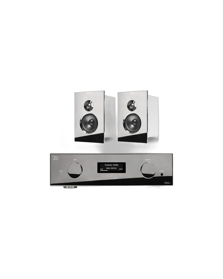 AVM AS 30.3 Streaming-Vollverstärker mit Audition CB 2.3 Regallautsprechern, HiFi-Set Cellini Chrom Setansicht