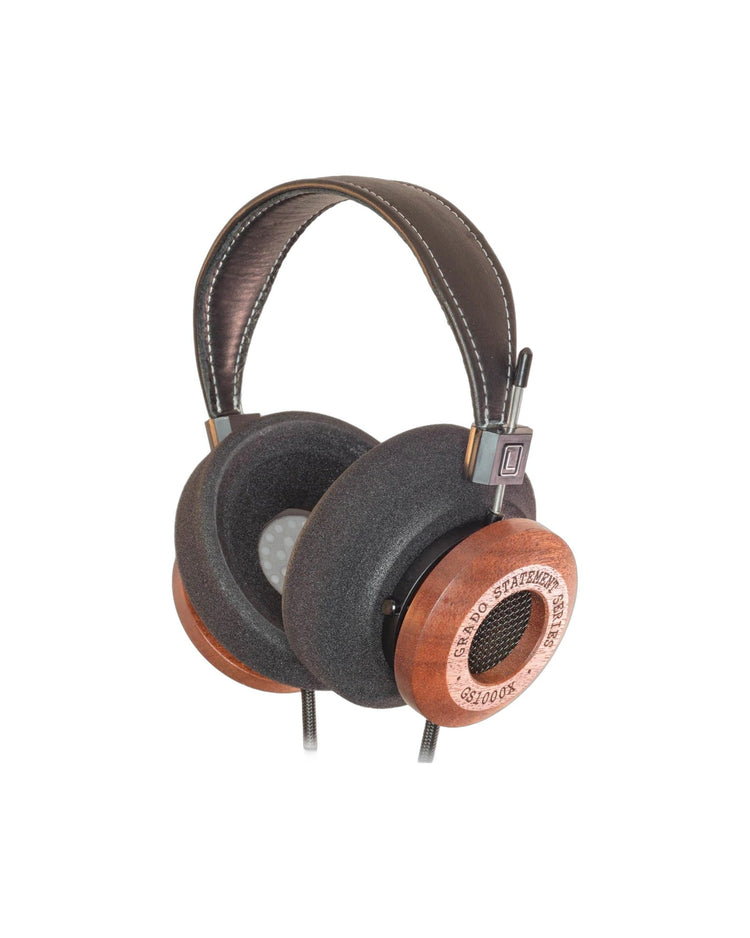 Grado Statement GS1000x Open-Back-Kopfhörer Schrägansicht mit Holzgehäuse und Lederkopfband