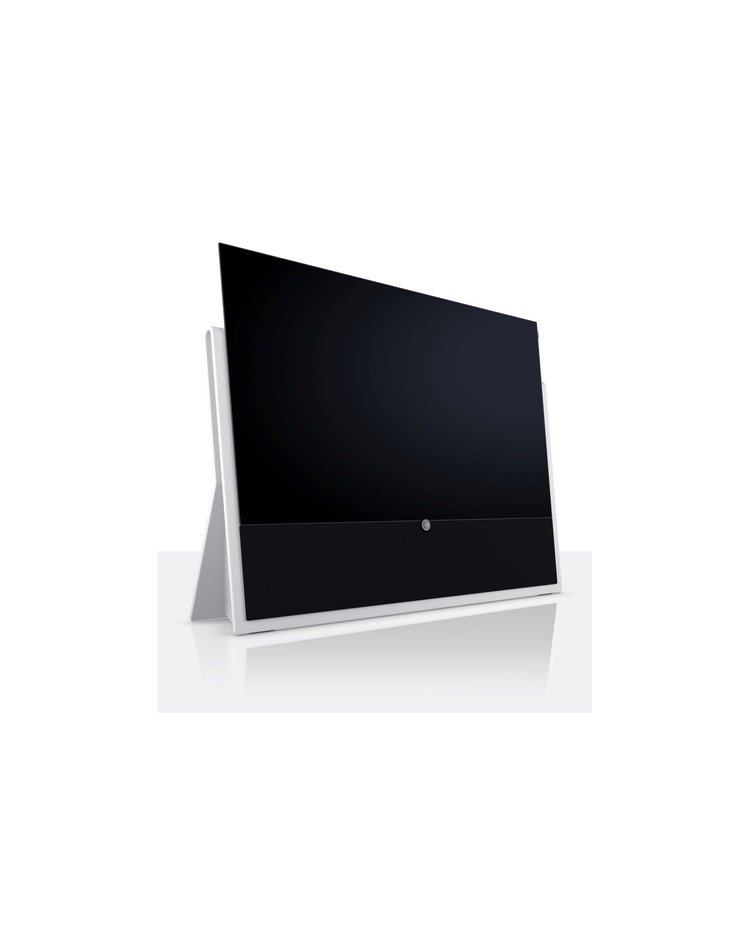 Loewe Iconic Inspire.65 OLED-Fernseher Weiss Schrägansicht mit Syno-Stone-Standfuss