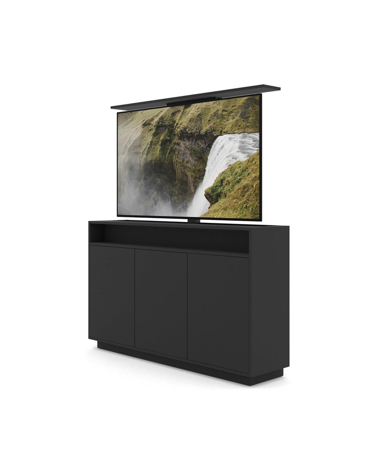 Multibrackets 4714 AV-Cabinet TV-Lift 65 Zoll Schwarz Frontansicht, Fernseher ausgefahren, leicht schräg