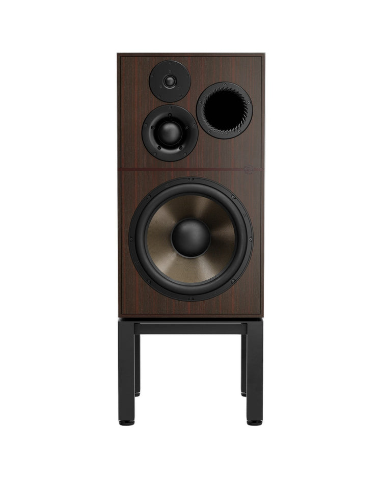 Revival Audio Atalante 7 Évo Standlautsprecher Ebony Frontansicht mit 15-Zoll-Basalt-Tieftöner auf Sockel