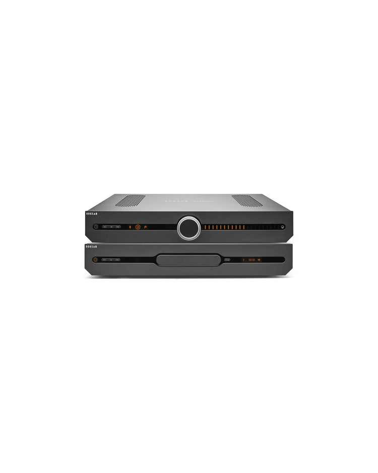 Roksan Attessa CD-Streaming Set in Schwarz, Frontansicht mit Streaming Vollverstärker und CD-Transport