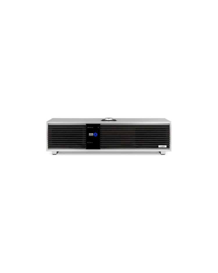 Ruark Audio R410 All-in-One-Musiksystem Hellgrau + Black Slats Frontansicht mit schwarzen Lamellen