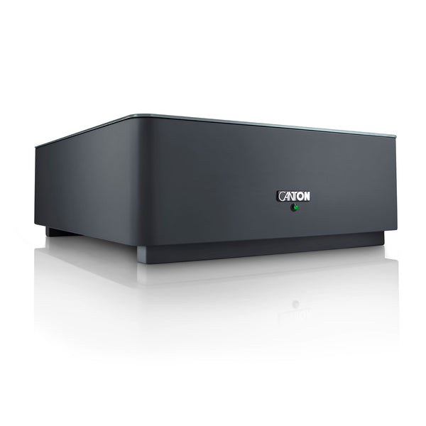 Canton Smart Sub 10 Wireless-Subwoofer Schwarz Schrägansicht, flaches Gehäuse mit Glasplatte